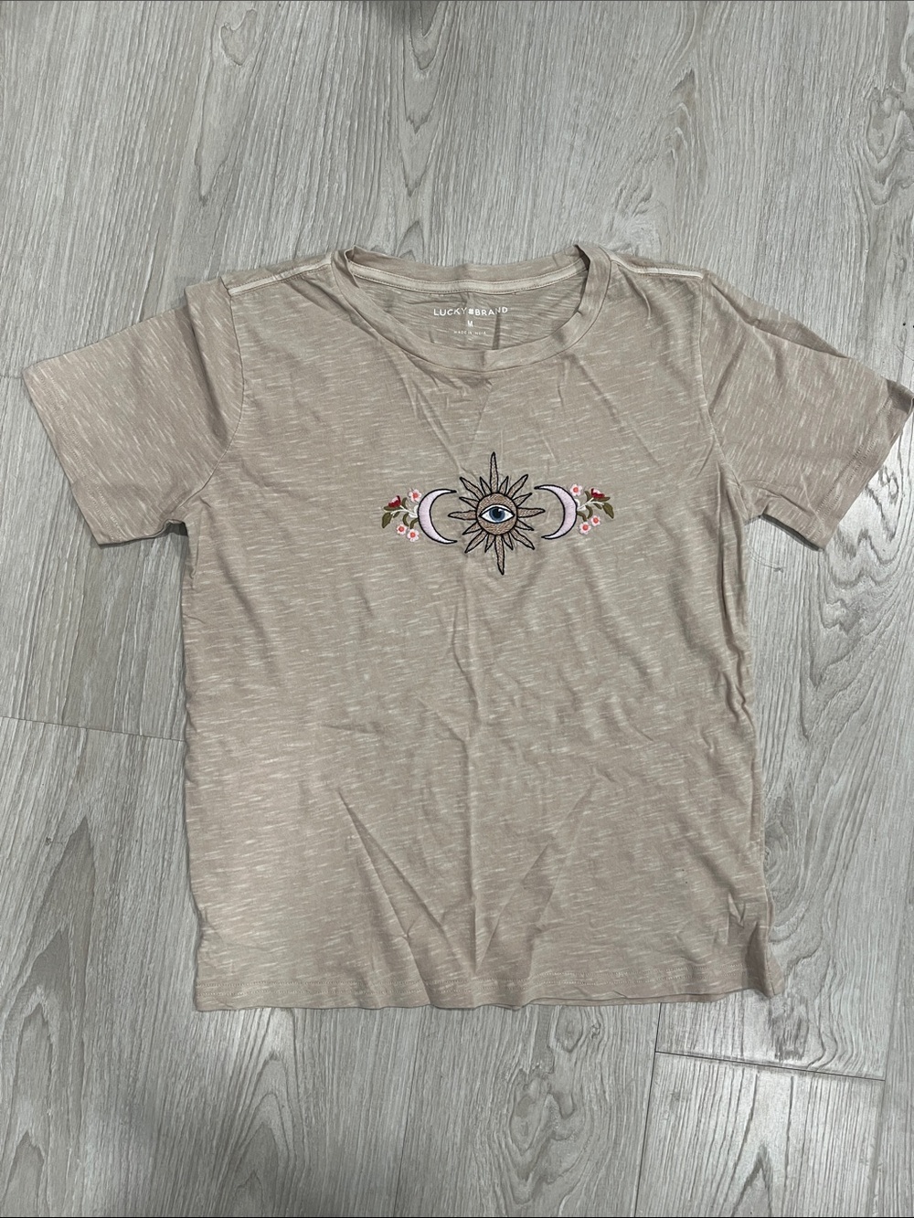 Lucky Brand Taupe Graphic Tee with Eye & Moon Motif